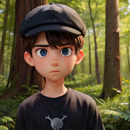 Theres a boy in the woods, 17 anos, magro, olhos totalmente vermelhos, cap and black clothes, hair messy, looking at a tree, tree has a black round symbol and the boy&#39;s face expresses doubt