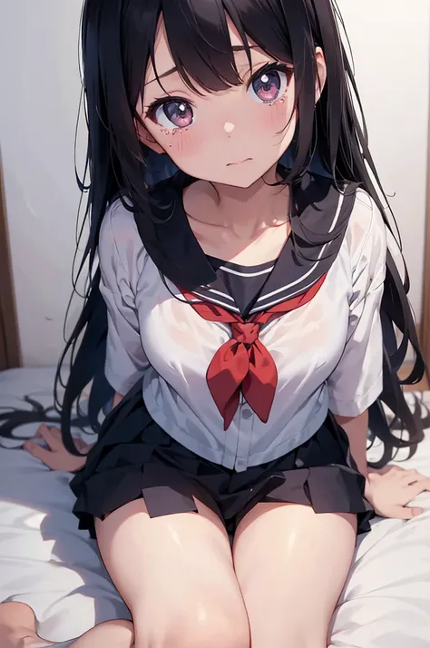 Black Haired Girl、a sailor suit、Sit on the bed with your legs apart、White underwear is visible、Crying face、Crying face、Crying、Crying、blush with embarrassment、エロ、hight resolution、high-level image quality