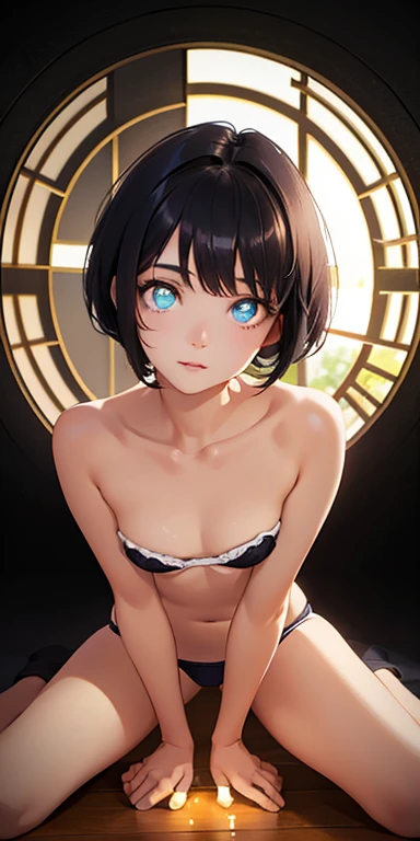 baby face, small breasts, short black hair,pixie cut, (photorealistic:1.4), (masterpiece, sidelights, exquisite beautiful eyes: 1.5), masterpiece*portrait, realistic, 3D face,kawaii face,from above: 1.5、 (glowing eyes:1.5),(tareme:1.5)、 shiny hair, shiny o...