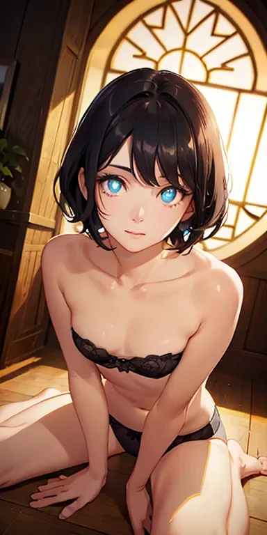 baby face, small breasts, short black hair,pixie cut, (photorealistic:1.4), (masterpiece, sidelights, exquisite beautiful eyes: 1.5), masterpiece*portrait, realistic, 3D face,kawaii face,from above: 1.5、 (glowing eyes:1.5),(tareme:1.5)、 shiny hair, shiny o...