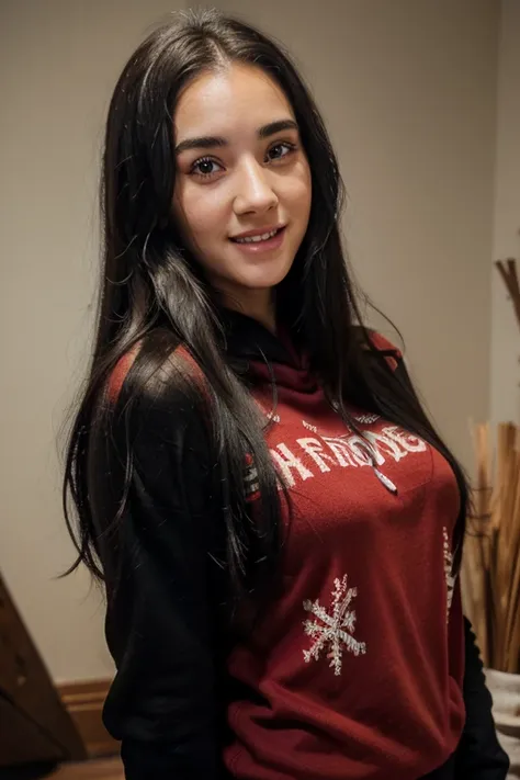 arafed woman with long black hair wearing a red christmas jumper, female with long black hair, with straight black hair, profile picture, with black hair, profile picture, smiling young jennifer connelly, charming woman, reassuring smile, cute smile, sweet...