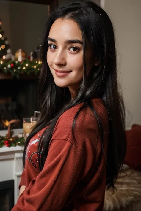 arafed woman with long black hair wearing a red christmas jumper, female with long black hair, with straight black hair, profile picture, with black hair, profile picture, smiling young jennifer connelly, charming woman, reassuring smile, cute smile, sweet...