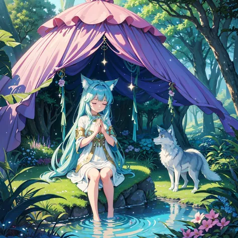 Imagine heartwarming scenes set in a whimsical fantasy world. There, a fluffy cat-eared girl from a small forest sits peacefully next to a large, gentle creature resembling a (mythical wolf: 1.5), about twice her own size. They rest in an enchanted glade, ...