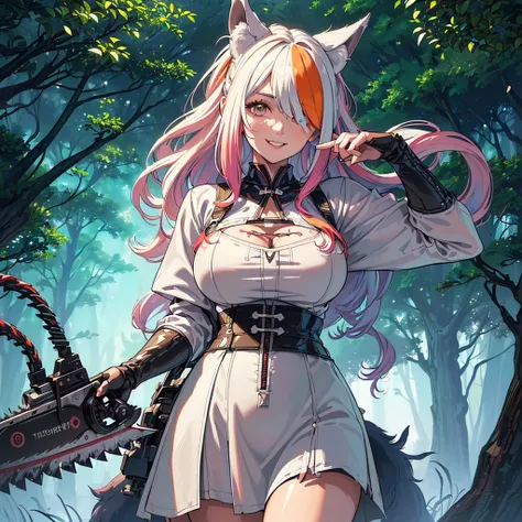 ((Forest)), (Top quality, photorealistic, ultra-realistic, ultra-detailed illustrations, ultra-high resolution, highly detailed, realistic background, detailed background, large_filesize:1.2),
break,
(Beautiful wolf tribe girl ((Uses a chainsaw))), Wolf ea...