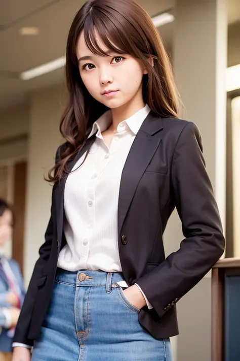 Realistic high school girl wearing a blazer、Brown-haired short、Hands in pockets、soio、hight resolution、hightquality