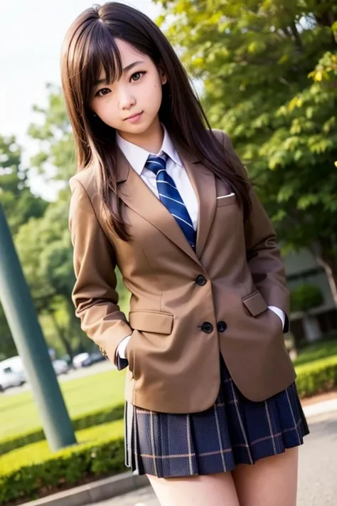 Realistic high school girl wearing a blazer、Brown-haired short、Hands in pockets、soio、hight resolution、hightquality