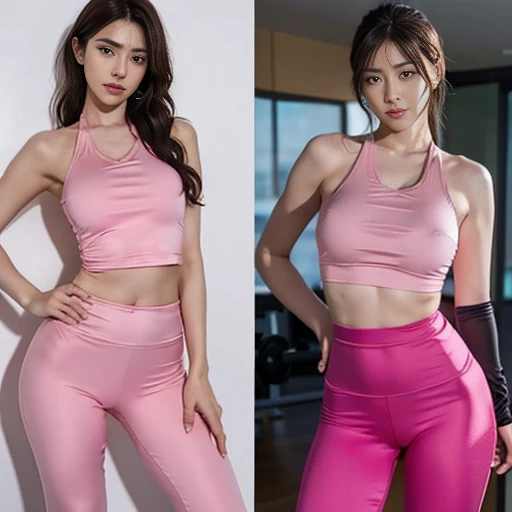 a woman in a pink top and leggings posing for a picture, inverted body type, beautiful woman body, short flat hourglass slim figure, beautiful shape of face and body, big wide broad strong physique |, model standing pose, standing athletic pose, perfect sy...