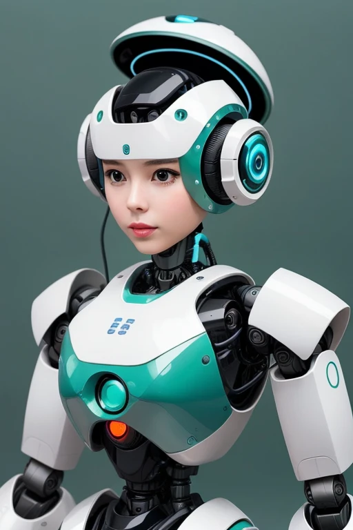 Create an artificial intelligence robot in aqua green and white colors