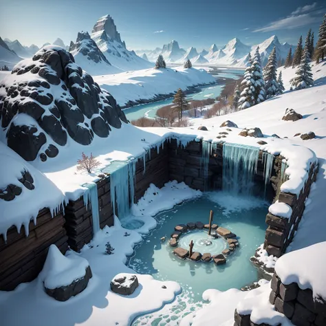 In an Ice Age village, the landscape is dominated by vast icy plains and snow-covered terrain. The village is comprised of primitive shelters crafted from mammoth hides and bones, nestled against rocky outcrops for shelter. The inhabitants, clad in furs an...