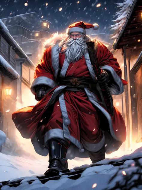 santa clause,samurai,kosa hat,dark,ominous,menacing,epic,ghost in the shell style,ar 3:2,hdr,vivid colors,bokeh,professional,ultra-detailed,long white beard,detailed eyes,detailed lips,golden armor,elegant kimono,imposing figure,carrying a large bag of pre...