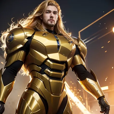 science fiction characters，Golden mecha suit，burly build，European looks，Staced 25-year-old handsome man with long blond hair，golden lion mecha elements