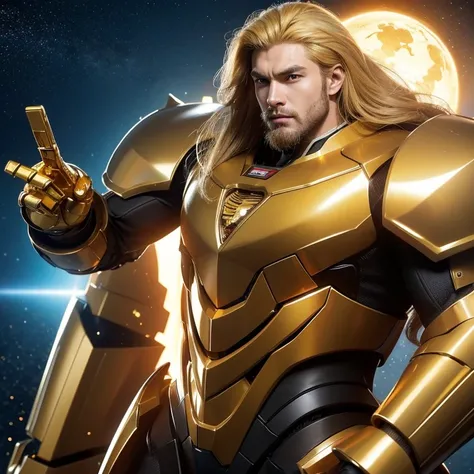 science fiction characters，Golden mecha suit，burly build，European looks，Staced 25-year-old handsome man with long blond hair，golden lion mecha elements