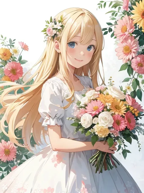 (finely best quality illustration:1.2), (Kawaii Girl:1.0), (1girl in, Solo:1.0), (Blonde long hair:1.0), (Smile:1.1), (Holding a bouquet:1.0), (Upper body:1.0), (Flower Garden, Floral background:1.0), (Ultra-detailed, hight resolution:1.0),