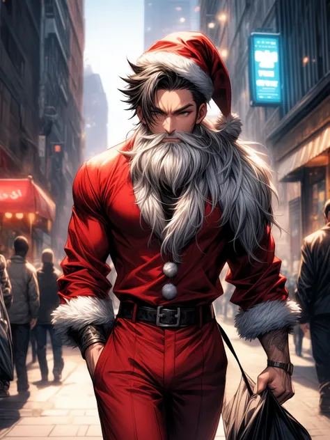 arafed image of a man dressed as santa claus walking down a street, badass anime 8 k, rossdraws digital painting, rossdraws global illumination, santa claus, rossdraws 1. 0, onmyoji detailed art, santa clause, rossdraws 2. 0, god of winter, rossdraws 2. 5,...