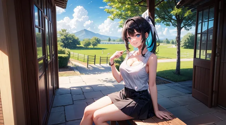 1girl, solo, village, trees, sun, clouds, ((colorful hair)), ponytail, large breasts, ((white sleeveless T-shirt)), cleavage, blue eyes, black skirt, grin, looking at the viewer, ((standng)), hair ribbon, wrist watch, sport shoe