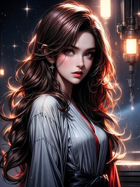 A woman that is 20, Red Stylish hair, Silver eyes, semi realistic, Starry sky and space robes, clear skin, loose brush strokes, moody, blending, atmospheric, sketchy lines, free style, contrast, rough and handrawn, fullbody,--ar 2:3 --niji 5