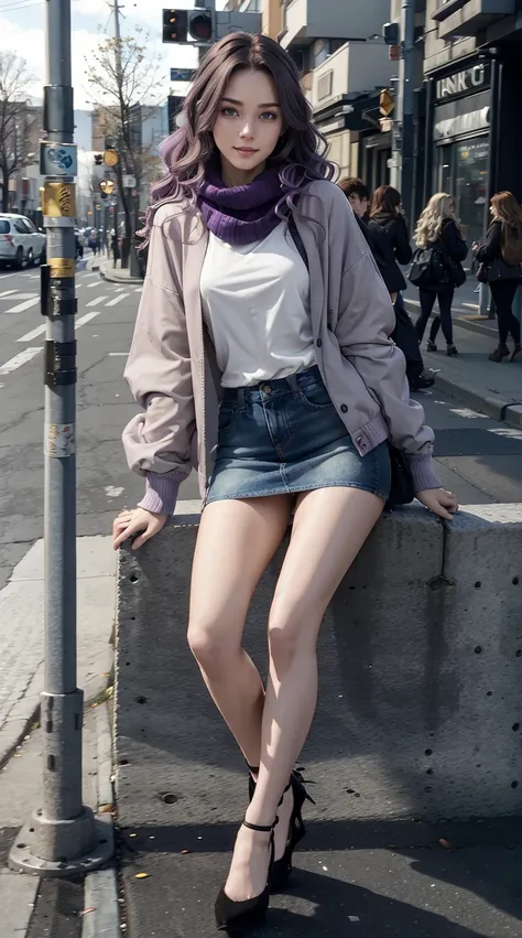 24-year-old Caucasian woman、Hair color is a gradation of brunette and purple、Hair is wavy、Eye color is blue、Longhaire、A slender、a smile、wearing a knit top、Im wearing a miniskirt、Wearing a jacket、Im wearing pin heels、Being on a street corner、Wearing a scarf...