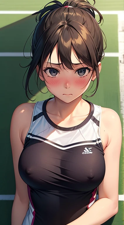 Realistic,、One wall, Wide Angle,1girl in、Black ponytail, Shy, embarrassed, blushed, Wide Angle, POV, From  above, llight rays, Glow, (masutepiece), 18year old、face to the viewer、Bring your chest together、Focus on the chest、Tennis Wear、Small udder、Beautiful...