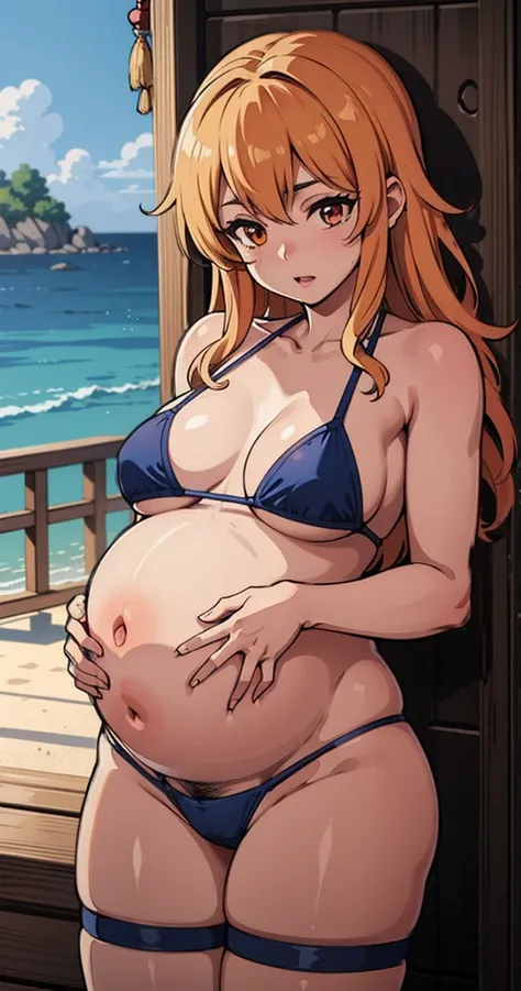 Very beautiful Nami (A piece of), Subtle makeup, kinakoen hour, realisticlying, hight contrast, 8K high-definition, Detailed pubic hair, hyper-Detailed pubic hair, realisticlying的皮肤纹理, orange long hair, Bikini tops only, blue thongs, Bigchest, Best quality...