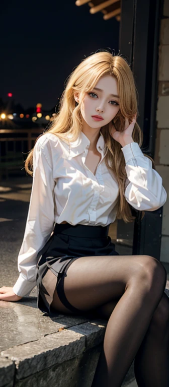 masutepiece, Best Quality,  absurderes, Looking at Viewer, Solo, Rita Rothweisse (A Summer Nights Dream), Rita Rothweisse, Shirt, pantyhose, Red Rose, Blue eyes, Blonde hair, Long sleeves, Mole under the eyes, (Hair over one eye),  frilled Shirt, white Shi...