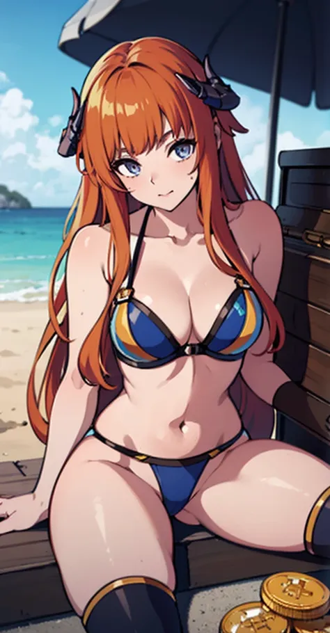 Very beautiful Nami (A piece of), Subtle makeup, kinakoen hour, realisticlying, hight contrast, 8K high-definition, Detailed pubic hair, hyper-Detailed pubic hair, realisticlying的皮肤纹理, orange long hair, Bikini tops only, blue thongs, Bigchest, Best quality...