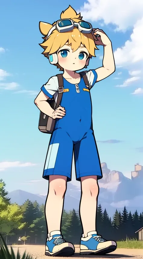 Two-dimensional boy Shota，One-piece hiking suit，Slim, Healthy body，Wear the headphones on your head，Stood up，protective goggles，cow horn，Cow ears，athletic sneakers，Cotton socks