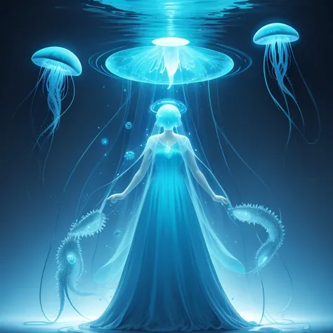 surrealism,blue jellyfish, bioluminescence,let there be light, halo,faceless