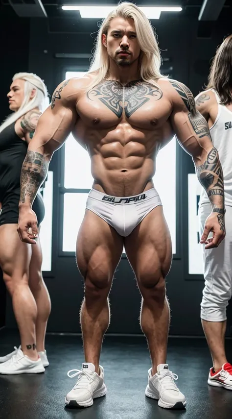 A team of bodybuilders standing, solo, full body tattoo, muscular body, long white hair, super detailed, realistic, 8k