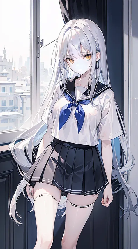 blue gray long hair，diagonal hair curtains，Hair is scattered around the waist，Black short sleeve sailor uniform school uniform plus skirt，White skin of the，pale bluish yellow eyes，Innocent eyes，angry and swollen，He has small scissors in his hand to cut his...