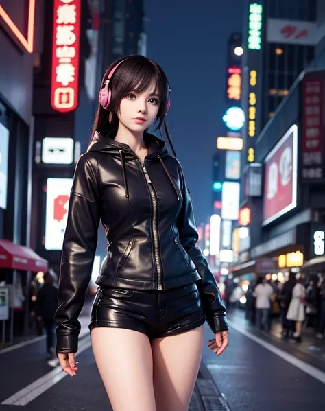 Anime girl with headphones and leather jacket walking down the street, Cyberpunk Anime Girl, female Cyberpunk Anime Girl, cyberpunk vibe, digital cyberpunk anime art, cyberpunk art style, dreamy Cyberpunk Girl, Cyberpunk Anime Girl in hoodie, in Cyberpunk ...