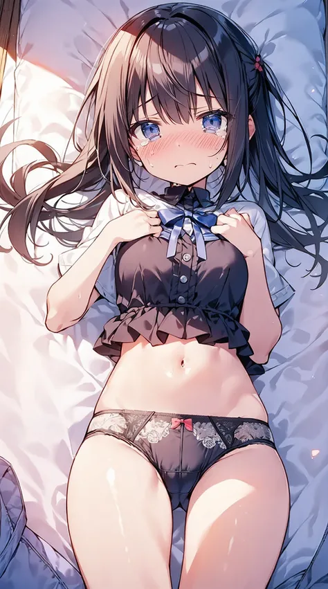 masutepiece, Best Quality,Illustration, Wallpaper, Ultra Detail, Little Face Lori、((fear:1.3))、(Teary-eyed:1.5)、(((Cute underwear)))、She makes me lie down and spread my legs.、ample breasts、Cherry-colored nipples