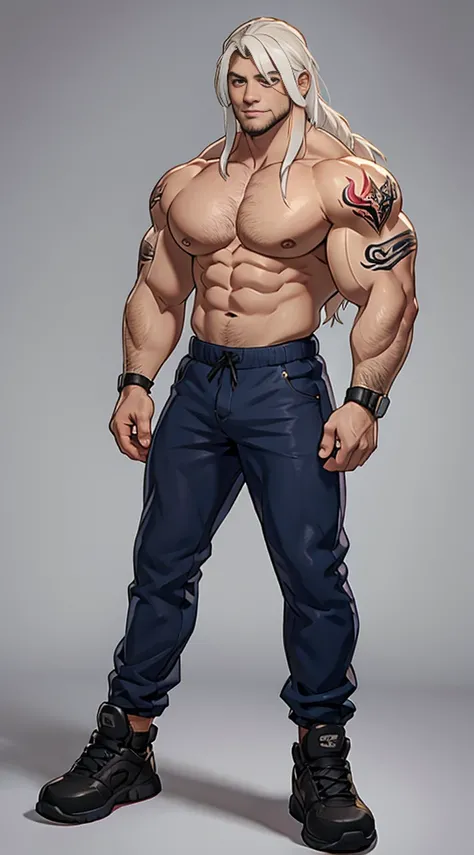 A bodybuilder standing, solo, full body tattoo, muscular body, long white hair, super detailed, realistic, 8k