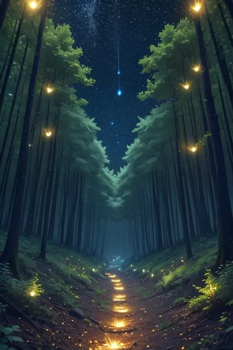 forest at night，fireflies glowing