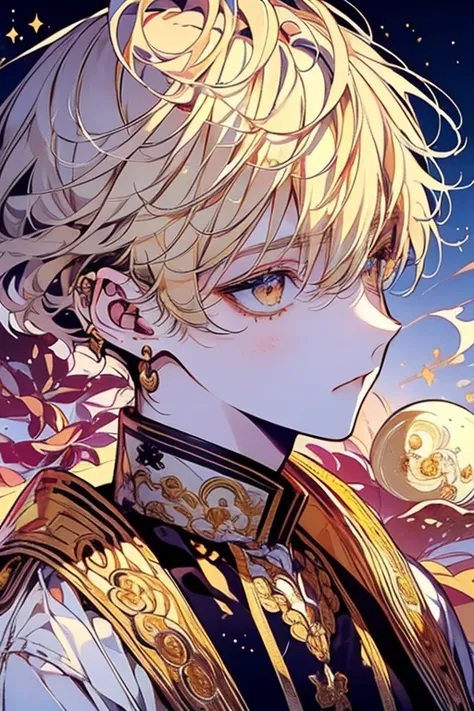 (masutepiece), (Best Quality), Highly detailed, 1 boy, Solo Focus, Perfect face, Beautiful face, extra detailed face，(a blond:1.3)，(Golden eyes that shine like the moon:1.4)，white  clothes