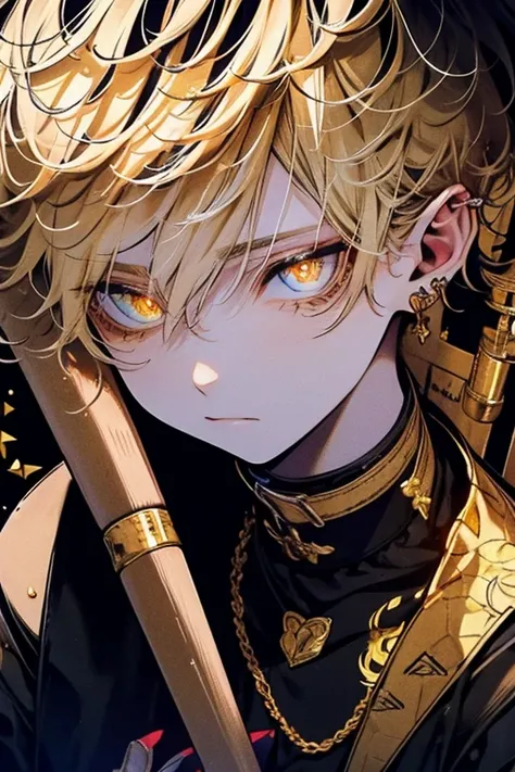 (masutepiece), (Best Quality), Highly detailed, 1 boy, Solo Focus, Perfect face, Beautiful face, extra detailed face，(a blond:1.3)，(glowing gold eyes:1.4)，Black clothe