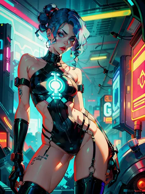 a digital painting of a blue-haired, sexy-looking, cyberpunk art heroine by Josan Gonzalez, winner of the behance contest, afrofuturism, synthwave, neon, glossy neon