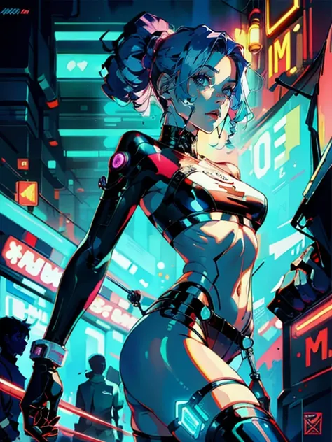 a digital painting of a blue-haired, sexy-looking, cyberpunk art heroine by Josan Gonzalez, winner of the behance contest, afrofuturism, synthwave, neon, glossy neon