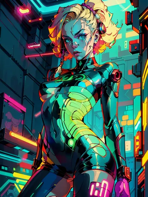 a digital painting of a blonde-haired woman, cyberpunk art by Josan Gonzalez, winner of the behance contest, afrofuturism, synthwave, neon, neon shiny perfect body gorgeous legs