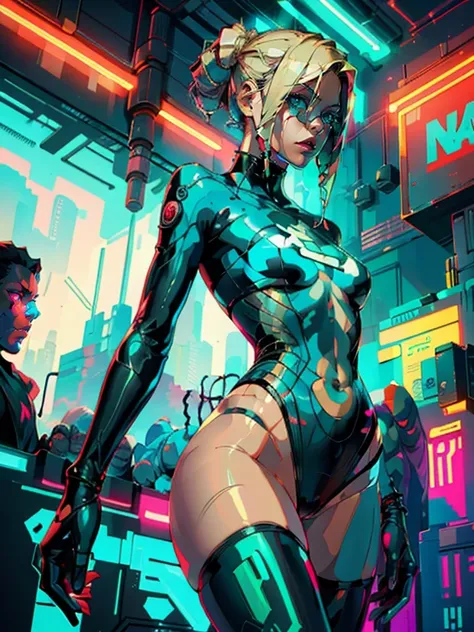 a digital painting of a blonde-haired woman, cyberpunk art by Josan Gonzalez, winner of the behance contest, afrofuturism, synthwave, neon, neon shiny perfect body gorgeous legs