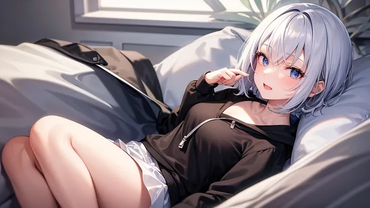 Ultra-high image quality,Look at viewers, hands behind back, girl with, 20 years old, Very short hair, long bangs between eyes, blue eyess,Black eyes, Hoodie, Skirt , Extremely detailed,(​masterpiece、top-quality),White hair、A smile、Fantastical, Silver hair...