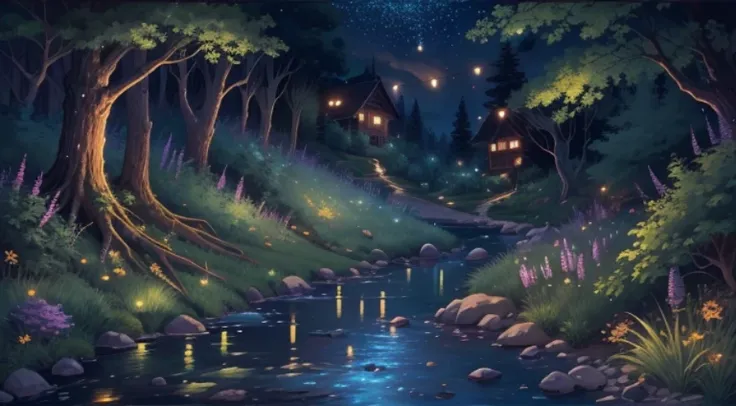 Landscape of a mountain stream at night with fireflies