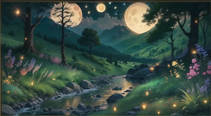 Landscape of a mountain stream at night with fireflies