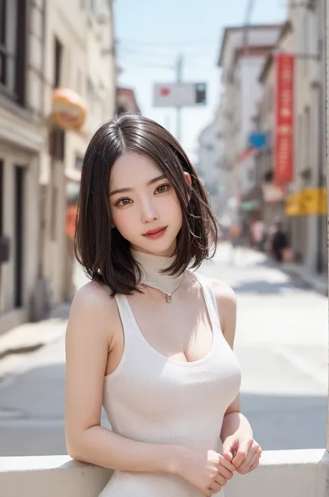 (masutepiece, top-quality、high-detail:1.4、underboob、Fascinating beauty、Add intense highlights to the eyes、Look firmly at the camera:1.4、A beautiful woman full of charm、Ideal ratio body proportions、Perfect Anatomy、Brunette Short Bob Hair、Lustrous hair、bangs...