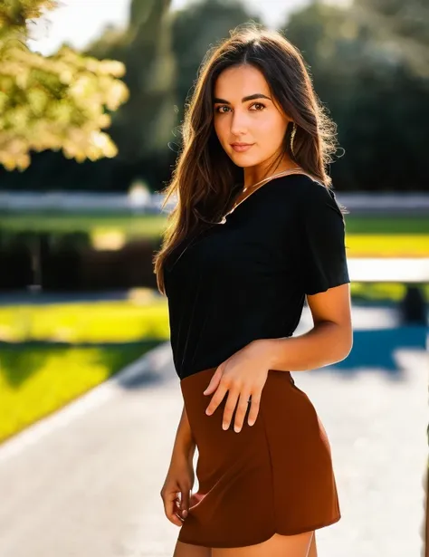 raw photo, casual photo of beautiful 26yo italian woman with perfect long brown hair wearing black tshirt and black miniskirt wi...