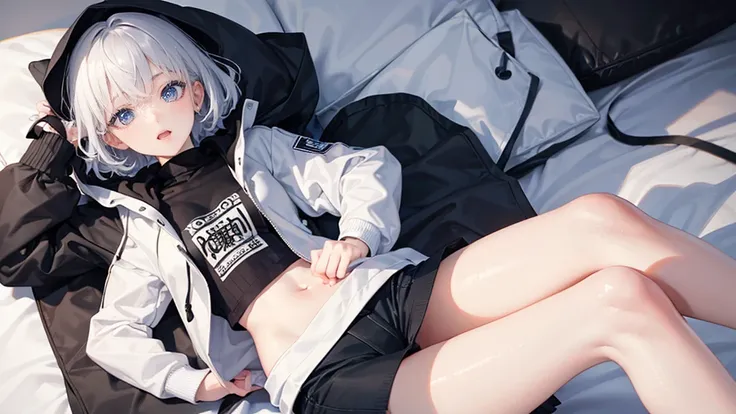 Ultra-high image quality,Look at viewers, hands behind back, girl with, 20 years old, Very short hair, long bangs between eyes, blue eyess,Black eyes, Hoodie, Skirt , Extremely detailed,(​masterpiece、top-quality),White hair、A smile、Fantastical, Silver hair...