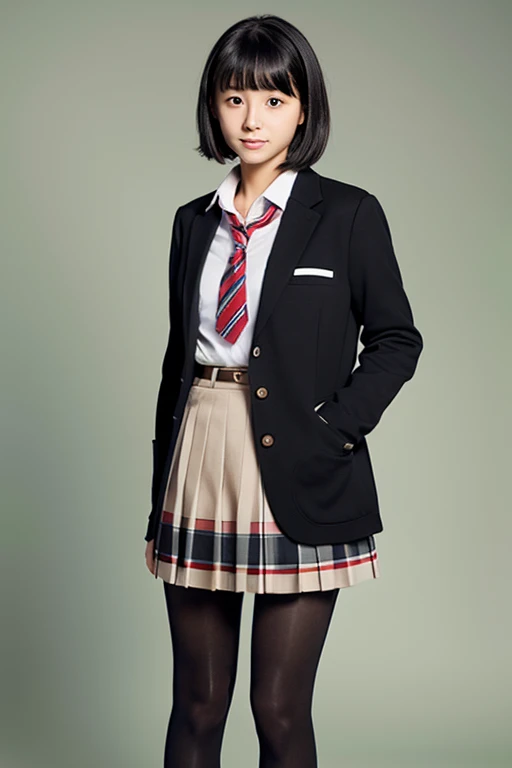 realistic schoolgirl、Black pantyhose、blazers、both hands in pockets、Short black hair、‎Classroom、soio、hight resolution、hightquality