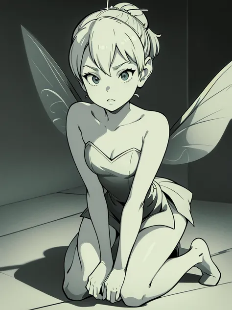 line art, comic, monochromes, illustratio, 1girl, masterpiece, best quality, super detail, tinkerbell, kneeling