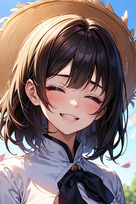 (masutepiece), (Best Quality), Highly detailed, (1 girl，独奏)，taken from the under，Perfect face, Beautiful face, extra detailed face，(A dark-haired:1.3)，(happily face:1.4)，(close your eyes and laugh:1.3)，(Summer Uniform:1.4)，blue-sky，the hair flutters with t...