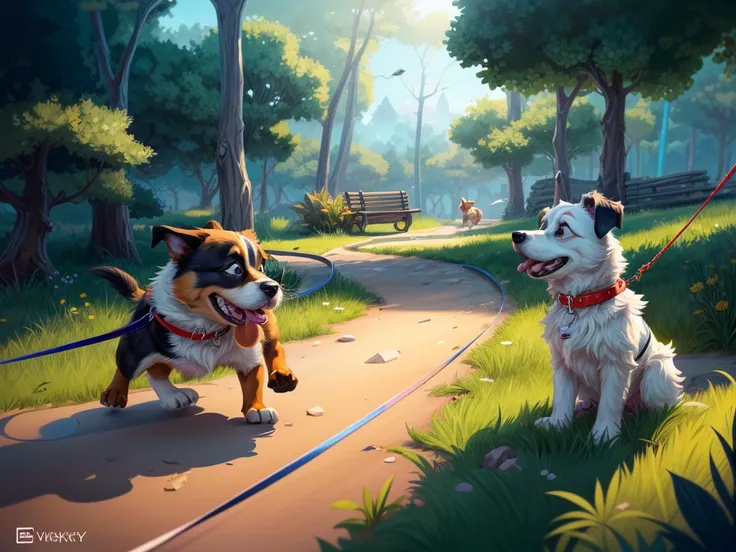 cartoon drawing of two dogs on a leash in a park, animated disney movie inking, published concept art, stylized linework, black and white illustration, official illustration, whole page illustration, by Istvan Banyai, concept art for a video game, by Maksi...