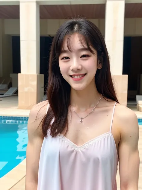 Jisoo, ripped muscle, muscular body, pale skin, smile(blush), nightgown, thin necklace, [ultra detailed skin:1.2], 8k uhd, full body, stand, sweat, cum on face, crowd, public, poolside,